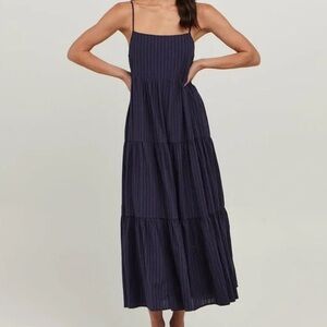 Charlie Holiday Navy Pinstripe Tiered Maxi Dress